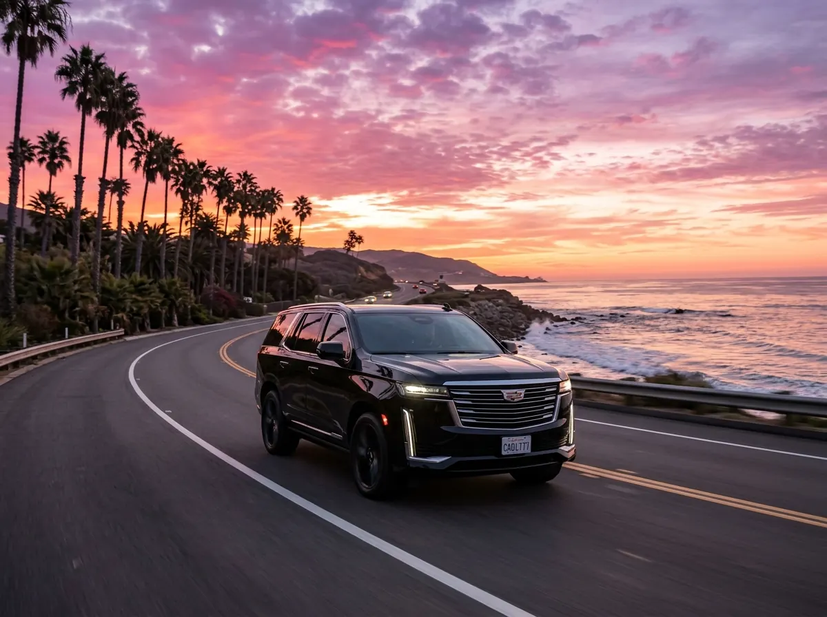 A Seifly VIP SUV driving the San Diego coast at sunset